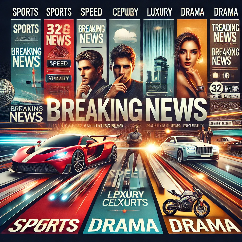 DALL·E 2024-10-25 09.25.02 - A dynamic and modern news platform interface showcasing a variety of topics such as sports, speed, celebrities, luxury, drama, and trending topics. Th