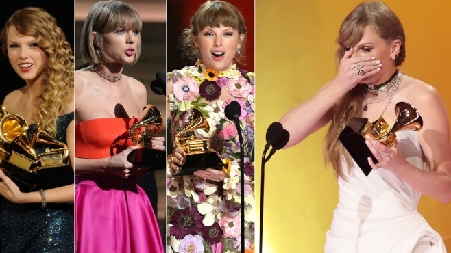 Taylor Swift makes history as the first artist to win Album of the Year four times at the Grammy Awards with her latest album, Midnights. At the 66th Annual Grammy Awards, Celine Dion announced Taylor's victory, drawing cheers from the crowd. Taylor, emotional, shared the moment with her collaborators Jack Antonoff and Lana Del Rey. Released in October 2023, Midnights marks a stylistic shift for Taylor, embracing electronica and synth-pop. The album broke records, topping the Billboard Hot 100 and amassing millions of streams worldwide. Taylor's past Grammy wins include Fearless, 1989, and Folklore.