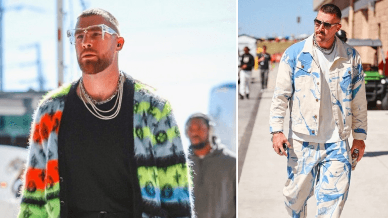 Travis Kelce, American football star and Kansas City Chiefs Tight End, showcasing his bold and evolving fashion sense as he embraces high-end style, influenced by his relationship with pop icon Taylor Swift