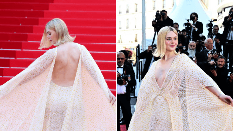 Elle Fanning steals the spotlight at the Cannes Film Festival closing ceremony in a daring Gucci gown featuring bold cuts and an open back, accentuating her slender figure. The shimmering fabric enhances her elegance, while her subtle makeup and flowing hair contribute to her feminine charm. Fanning's confident demeanor solidifies her status as a fashion icon, surrounded by other stars like Cate Blanchett, Timothée Chalamet, and Natalie Portman, all showcasing their unique styles on the red carpet.